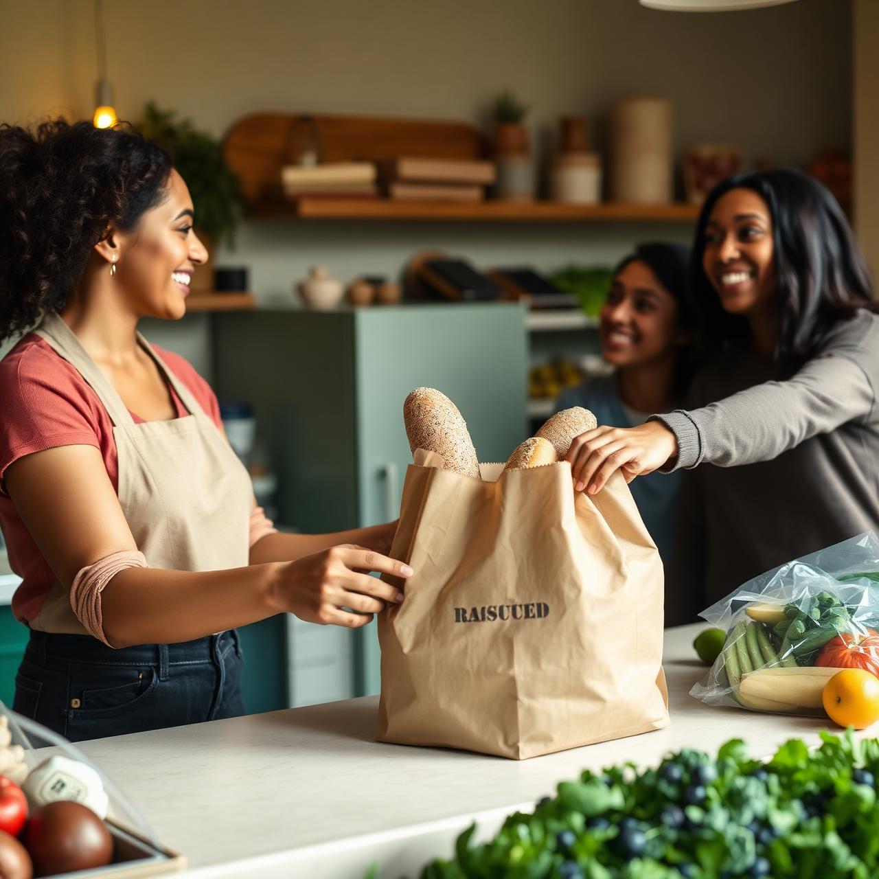 Une commerçante remet un sac en papier rempli de pain, fruits et légumes sauvés à des clients souriants.