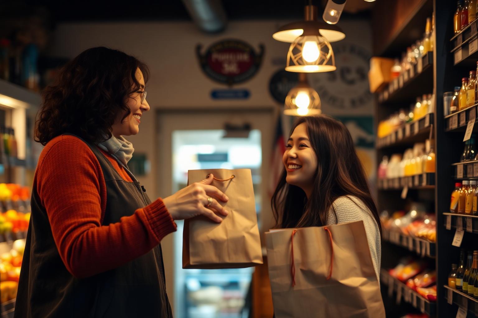 Une commerçante remet un sac en papier rempli de pain, fruits et légumes sauvés à des clients souriants.